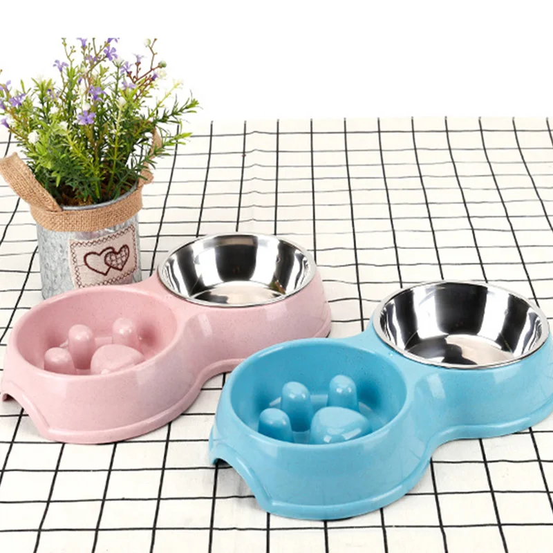 

Pet Dog Bowl Pet Feeder Bowl Stainless Steel Double Dog Cat Bowls Splash-proof Double Bowl Drinking Raised Stand Dish Bowls