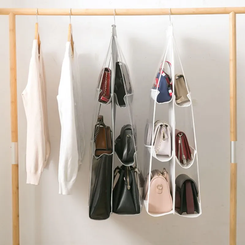 Practical 6 Pocket Folding Hanging Large Clear Handbag Purse Storage Holder Anti-dust Organizer Rack Hook Hanger