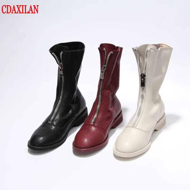 

CDAXILAN new arrival women's short boots genuine leather sheepskin fabric flat sole low heels zipper Mid-calf boots wintter