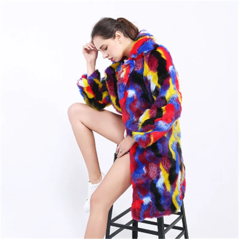 Женское пальто из искусственного меха в стиле хип-хоп, теплое пальто, цветная Длинная ветровка из кроличьего меха, модное пальто большого размера AS1263