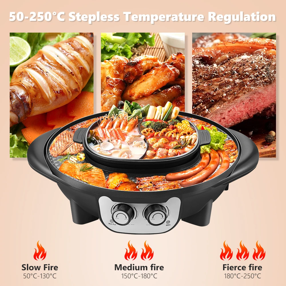Crtkoiwa 2 in 1 Portable Electric Grill,Upgraded 2200W Electric Hot BBQ Pot For Indoor Outdoor Parties Intelligent Temperature Control