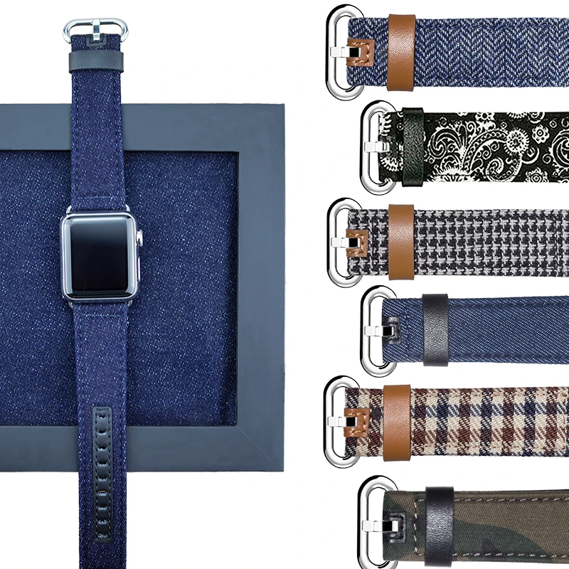 Denim Fabric Genuine Leather Watchband For Apple Watch band 38mm 42mm Bracelet strap For iWatch bands 40mm 44mm Series 1 2 3 4