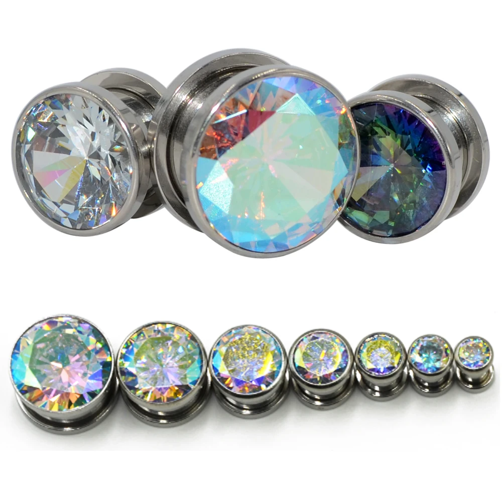 Pair Stainless Steel Zircon Crystal Ear Plugs Tunnels Gauges Screw Fit