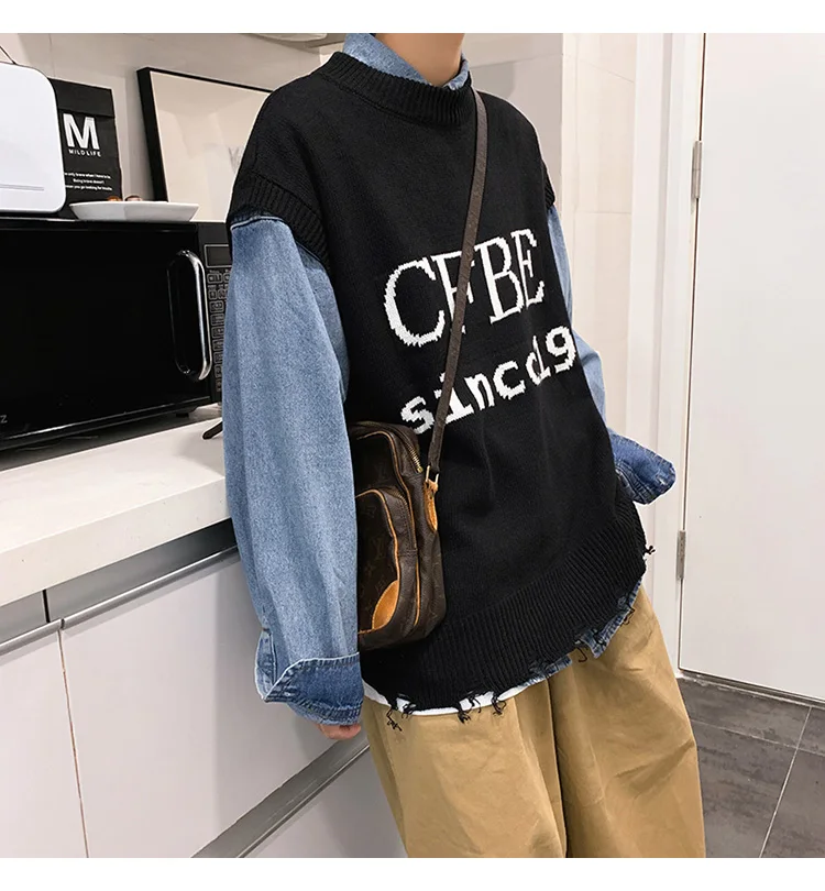 Winter Ins Sleeveless Sweater Vest Male Chic Korean Trend Vest Jacket Students Loose Knitted Letter Embroidery Male Sweater