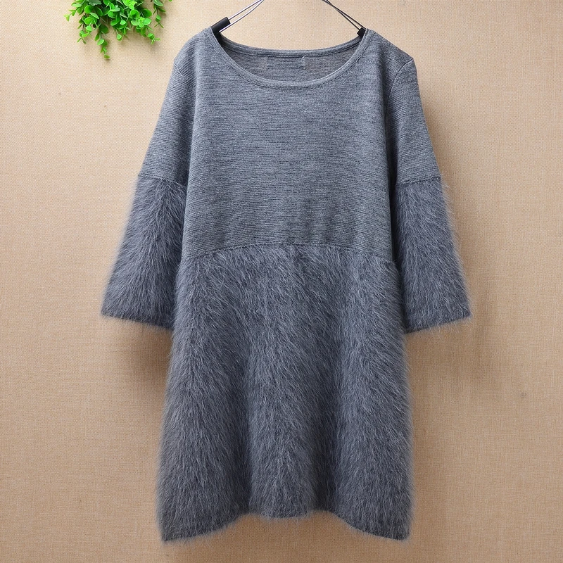 Женское кашемировое платье-свитер с коротким рукавом и круглым вырезом | Женская