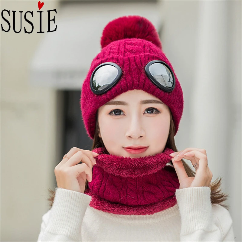 Skup 2019 nowa dzianinowa czapka narciarska z okulary wiatroszczelne maska czapka wełniana Outdoor czapki z pomponem polar smycz na szyje ciepłe kobiety czapka zimowa