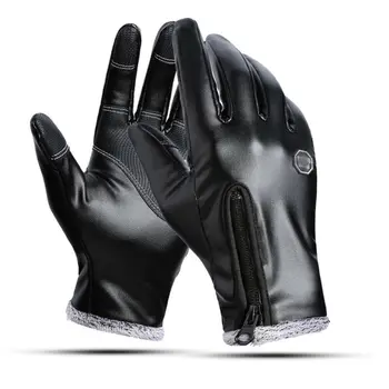 

Mens PU Leather Gloves Winter Touch Screen Warm Fleece Lined Panel Lambskin Sheepskin Zipper Bicycle Driving Gloves Waterproof
