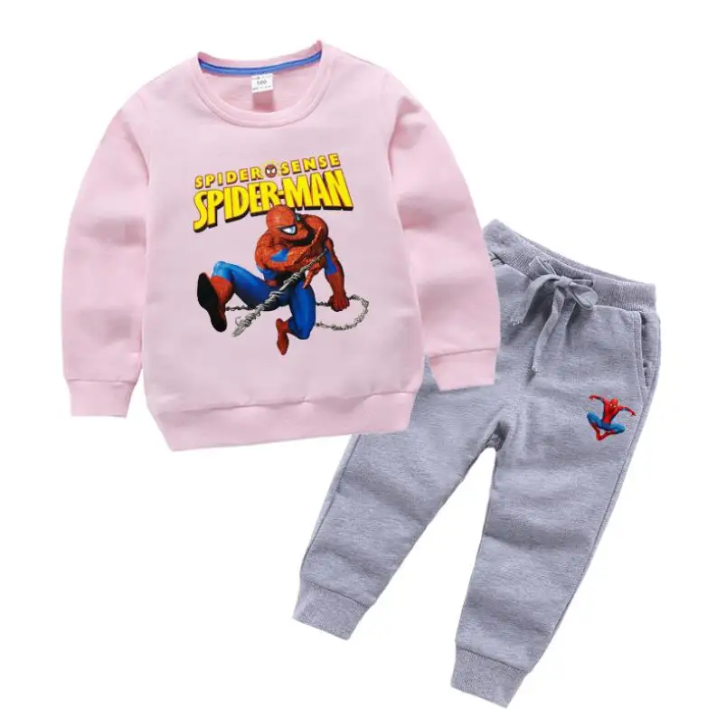 Spider-Man Children Clothing Baby Boy Pure cotton Casual Sports Suits Kids 2pcs Sets Spring Autumn Clothes Tracksuits1-8Y - Цвет: Розовый