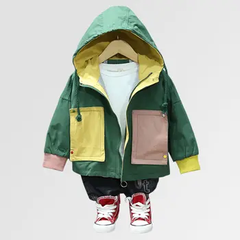 

INS Hot Baby Boys Outdoor Jackets 0-5 year old Korean Solid Color Stitching Large Pocket Autumn Winter Jacket Hooded Boys Trench