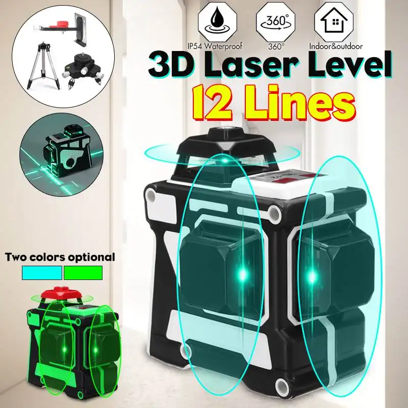 

12 Line Blue/Green Laser Level Tripod Bracket 3D 360 Rotary Self Leveling Horizontal Vertical Cross Super Powerful Laser Beam