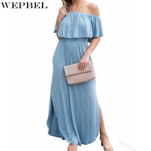 WEPBEL Pocket Slit Dress Women's Sexy Pleated Patchwork Ruffled Dress Summer Casual Ruffle Sleeve Solid Color Dress