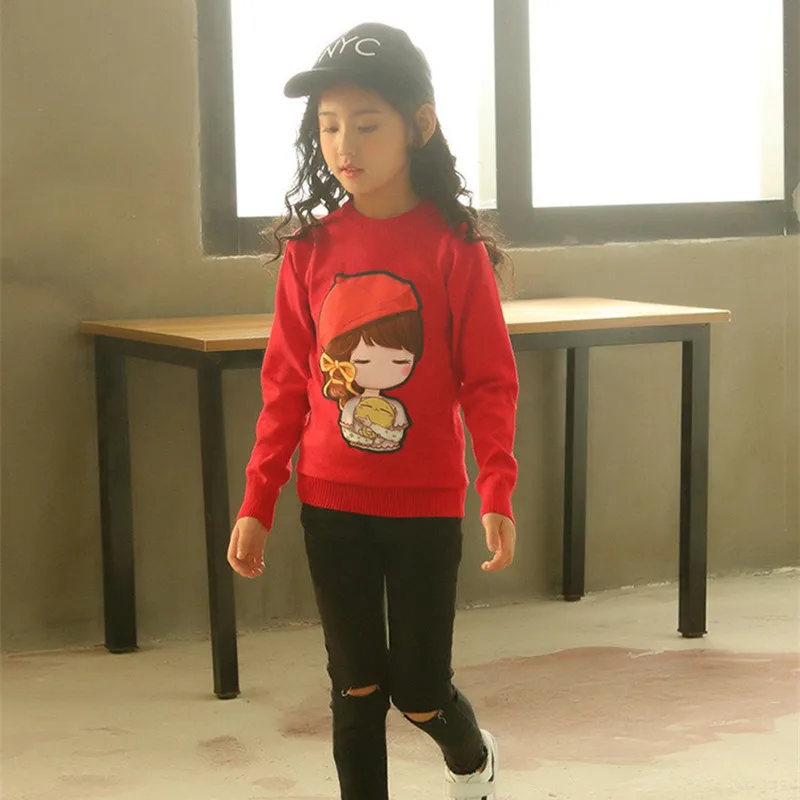 

Girls Long Sleeve Sweater 2019 New Autumn Winter 'Cartoon Baby Girl' Applique Solid Color Knit Bottoming Shirt For 4-12Y