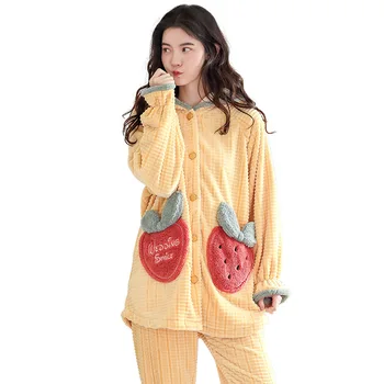 

Women's cardigan hooded pajamas, autumn and winter coral fleece casual wearable home wear, warm women's home wear flannel