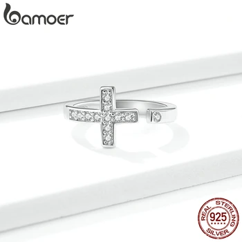 

bamoer Genuine 925 Sterling Silver Shine Cross Finger Rings for Women Wedding Band Engagement Statement Jewelry Anel GAR139