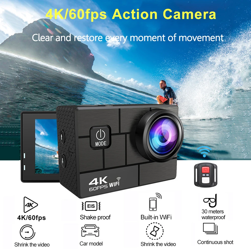 Экшн-камера Ultra HD 4K 60fps WiFi 2,0 дюйма 170D, Подводная Водонепроницаемая камера для видеозаписи на шлем, Спортивная камера с дистанционным управлением