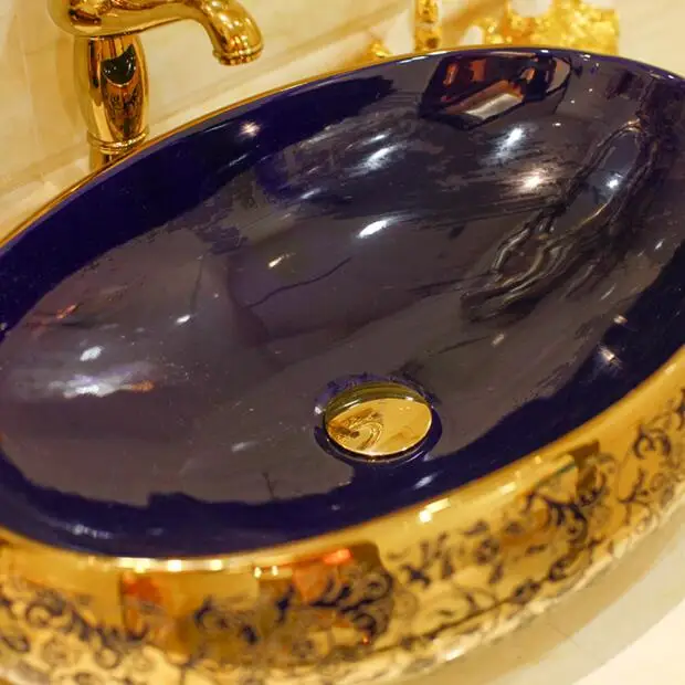 Роскошные золотые цветы овальная фарфоровая столешница раковина для ванной комнаты