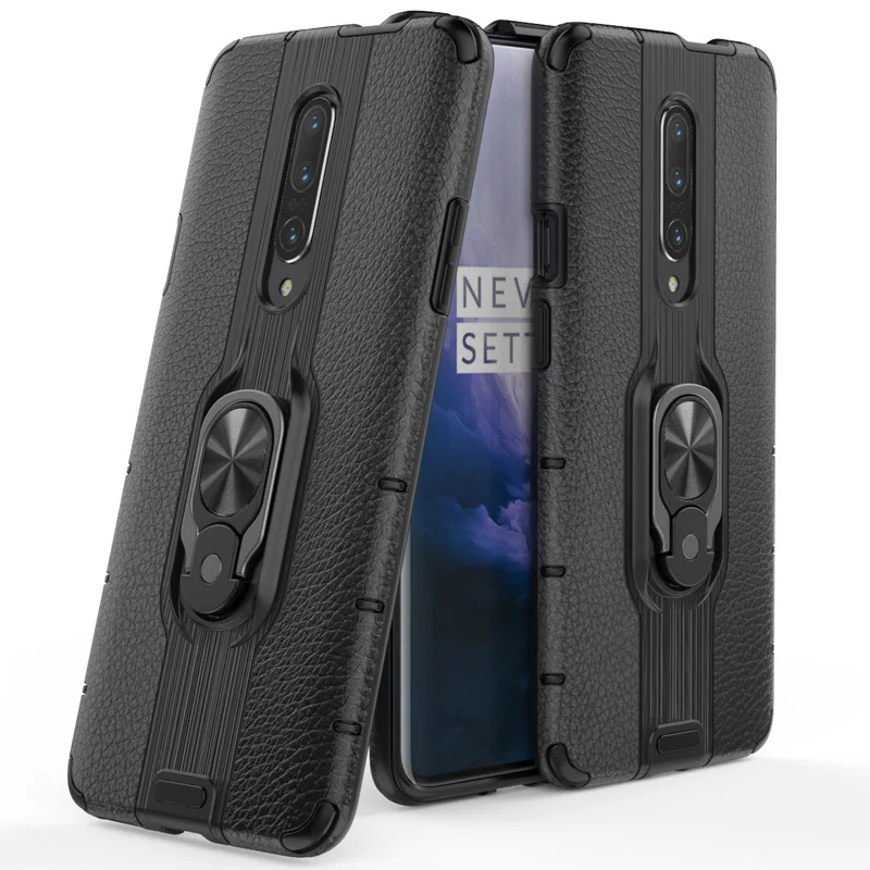 Бизнес кожа текстура Броня чехол для Oneplus 7 Pro чехол кронштейн палец кольцо Жесткий Чехол для One Plus 7 Pro Чехол Для Телефона - Цвет: Черный