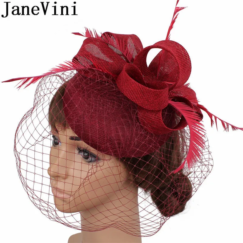 JaneVini, черные, красные, зеленые свадебные шляпы с перьями, вуалетки, церковная Свадебная шляпа с сеткой для птичьей клетки, вуаль для лица, вечерние, Коктейльные головные уборы