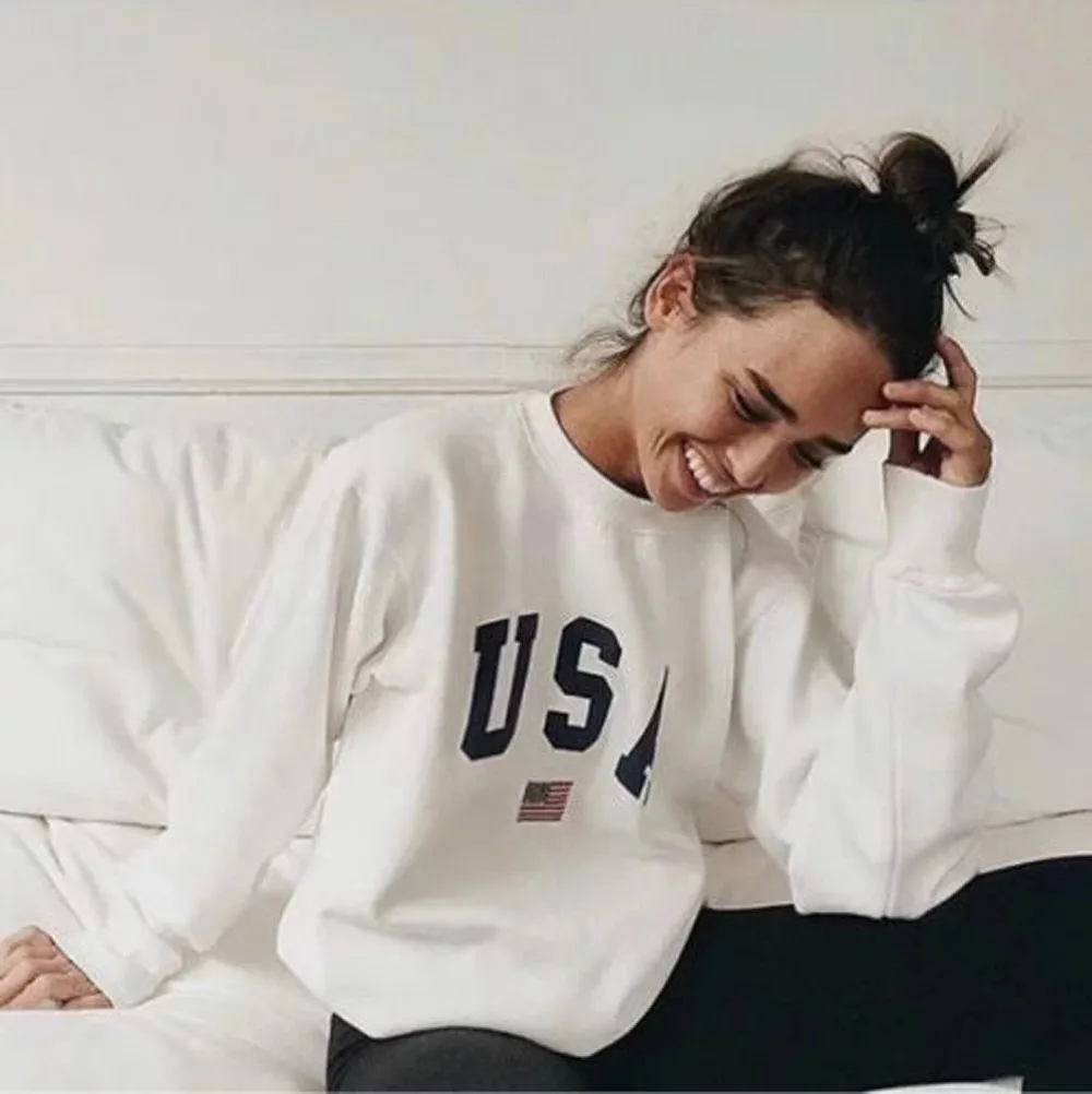 USA Letter Print New Women Fashion Sweatshirt Sport Long Sleeve Harajuku Jumper Pullover White O-Neck Fluffy Casual Loose Top#Y3