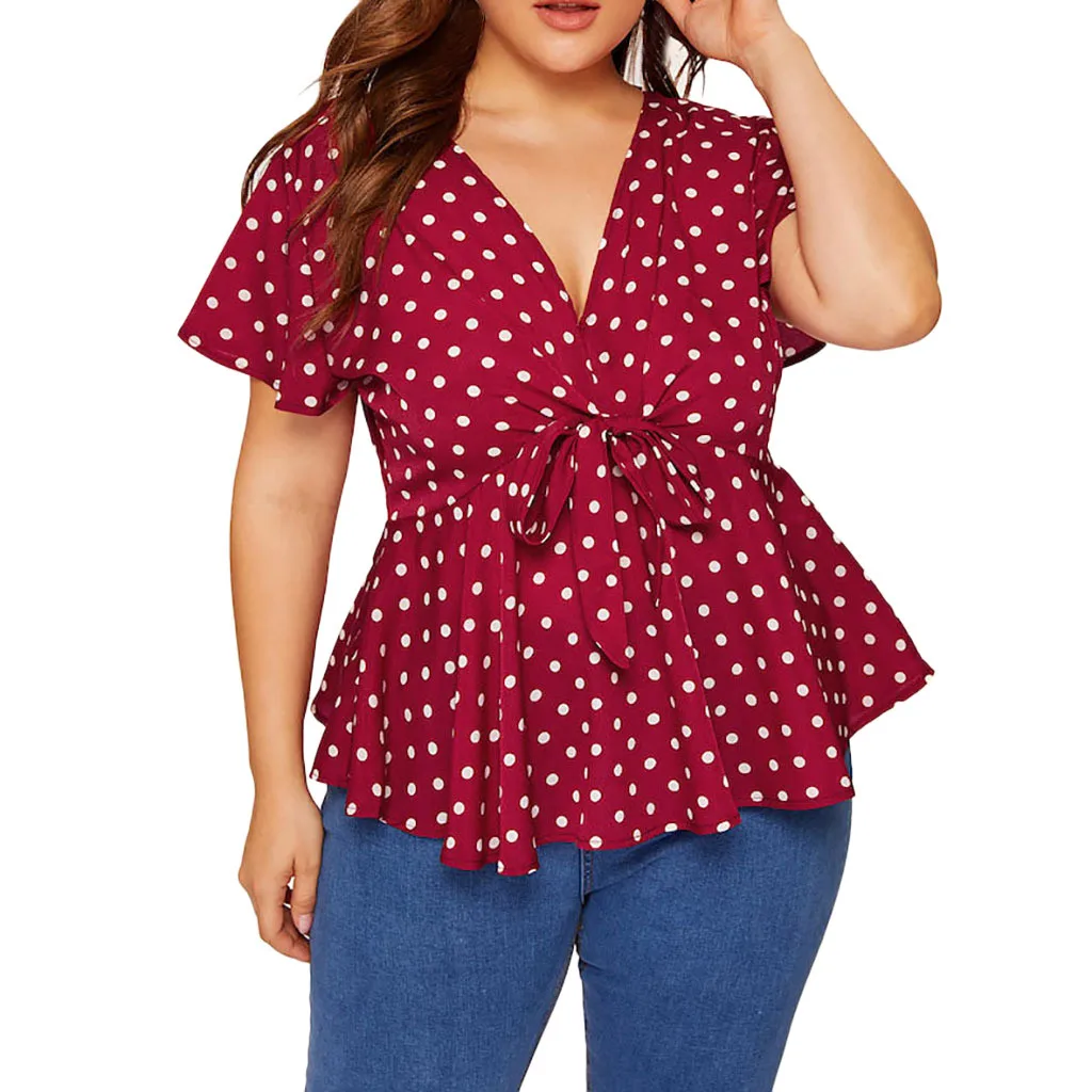 Женская рубашка большого размера с v-образным вырезом и коротким рукавом Топ в горошек с узлом спереди Женские топы и летняя блузка женская одежда