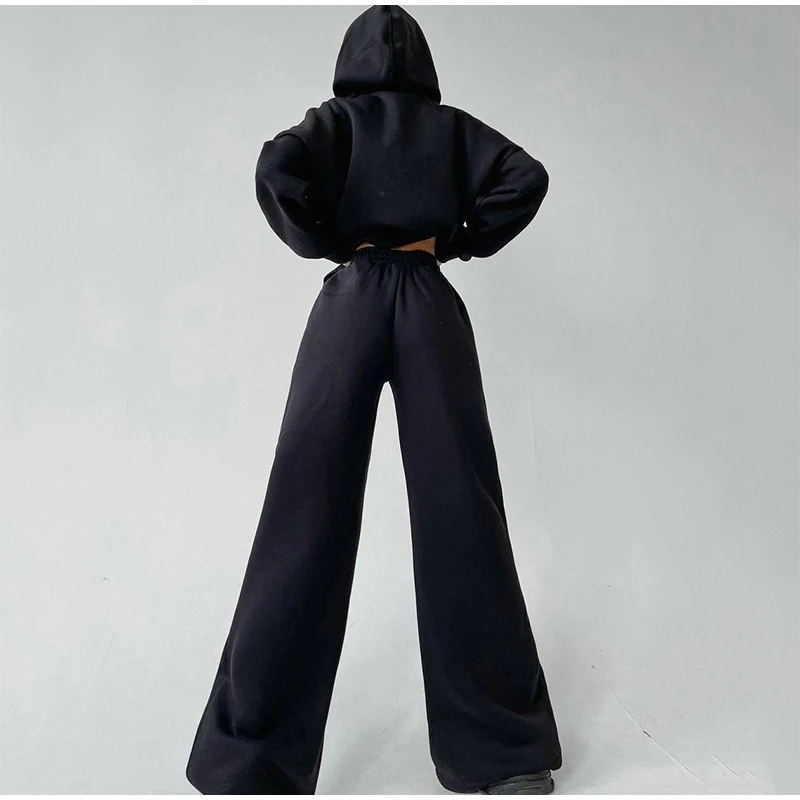 Women Basic Hooded Tracksuit Two Piece Sets Pullover Sweatshirt Top And High Waist Wide Leg Pant Suits Female Fashion Streetwear tweed two piece set