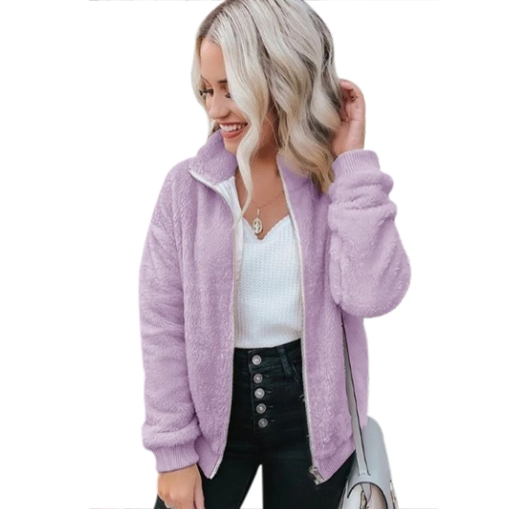 light purple HEFLASHOR Женская флисовая куртка осень зима женские короткие однотонные Пальто повседневные Свободные теплые куртки на молнии Верхняя одежда розовая одежда - Цвет: light purple