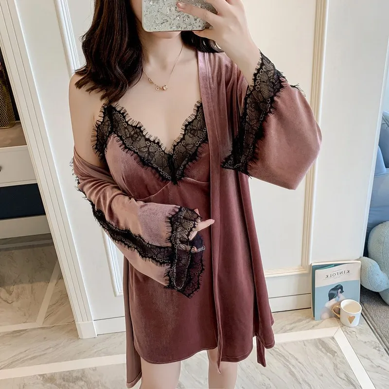 

Women Sexy Velvet 2PCS Robes Set Loose Kimono Bathrobe Sleepwear Lace Autumn Home Clothes Wedding Bride Bridesmaid Dressing Gown