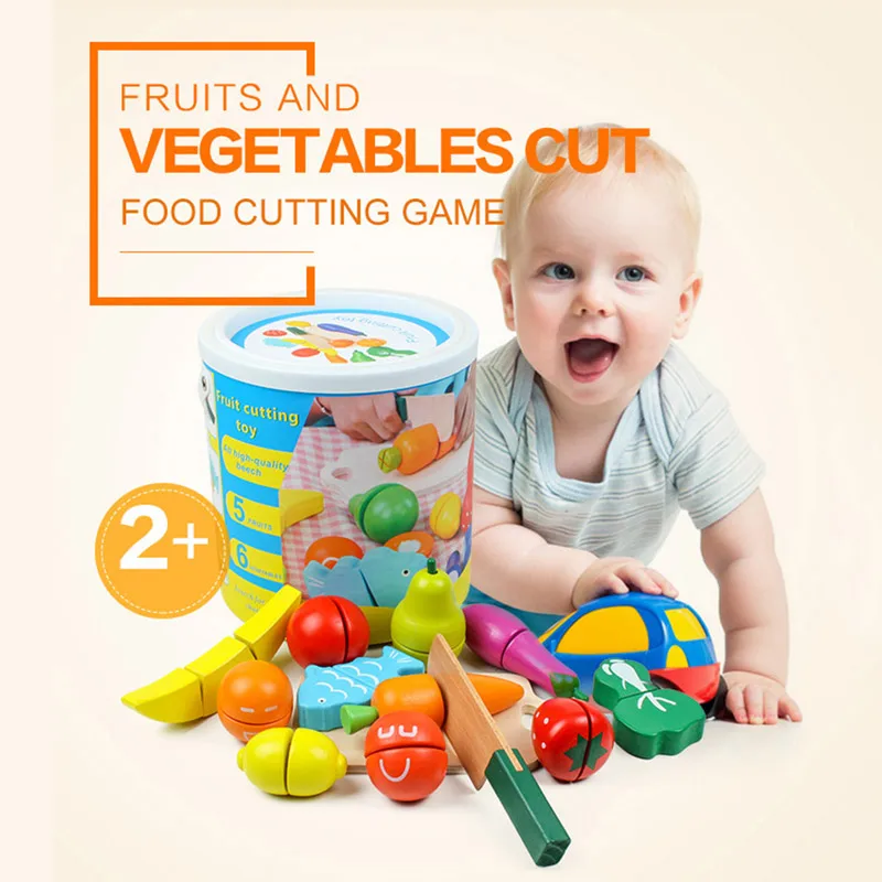 Wooden Kitchen Toys Cutting Fruits Vegetables Colorful Pretend Play Baby Puzzle Toys Children Early Educational Magic Stickers