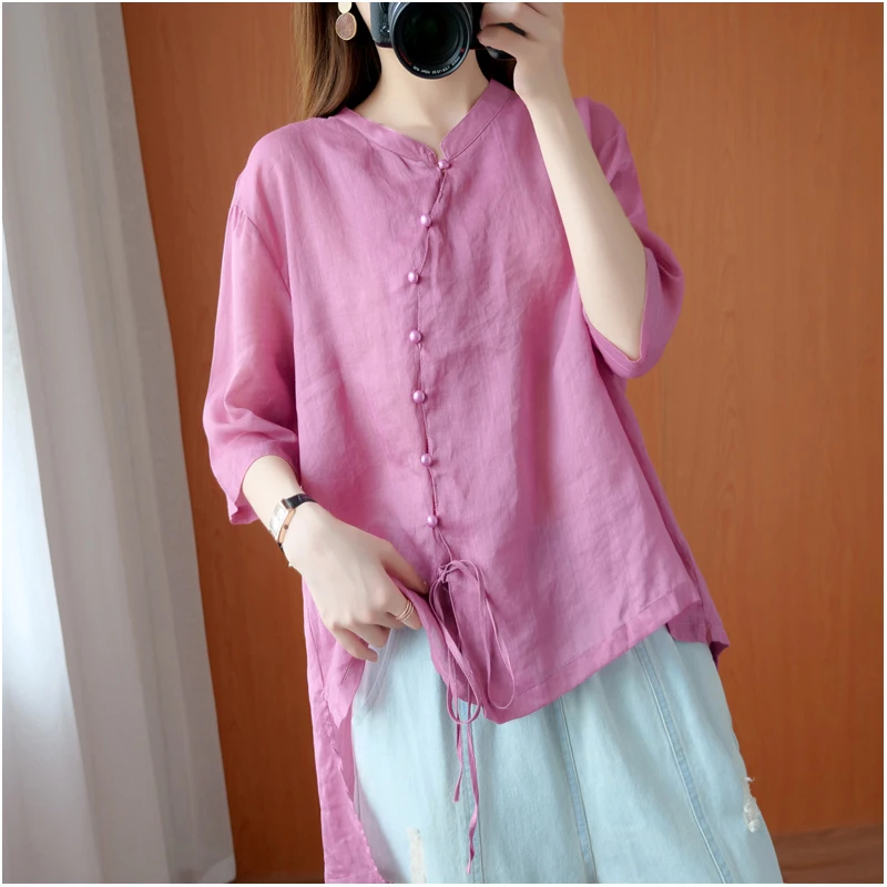 

New Retro Chinese Women Blouse Traditional Vintage Oblique Shirt Zen Summer Cotton Oriental Woman Tops Mandarin Collar Cheongsam