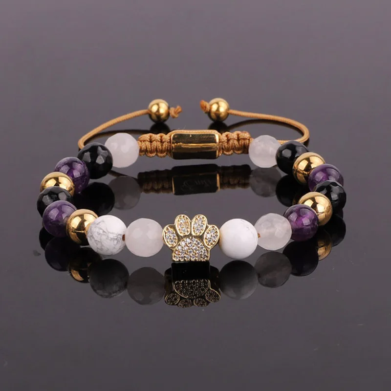 New Design Fashion Cubic Zirconia Paw Charm Natural Stone Beaded Friendship Bracelet Women - Image 3