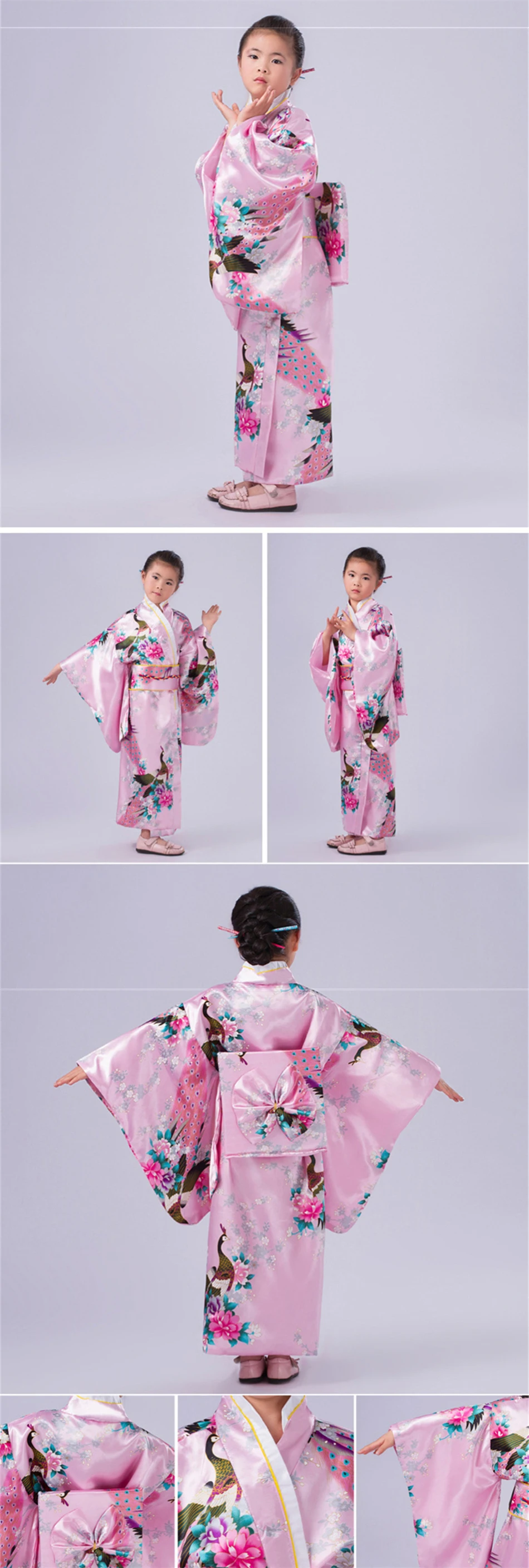 110 до 150 см платье-кимоно в японском стиле для маленьких девочек детский банный халат с вышивкой павлина для девочек Свободная верхняя одежда Yukata