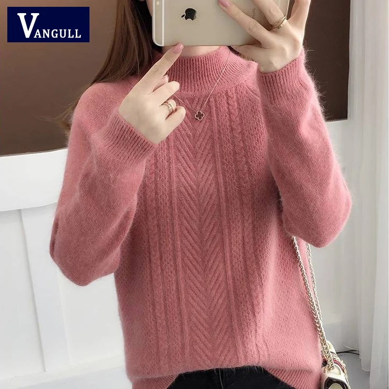 Vangull Half-Turtleneck Knitted Sweater Women Long Sleeve Thick Soft Female Pullovers 2019 Winter Warm New Solid Bottoming-shirt