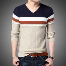 Мужской осенне-зимний полосатый свитер с v-образным вырезом и длинными рукавами, Мужская одежда, вязаные свитера