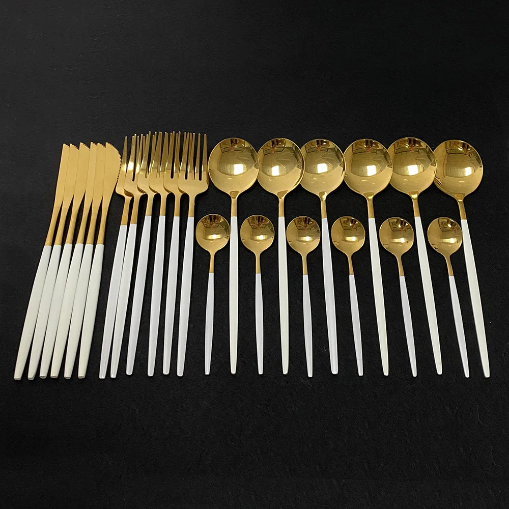 Dinnerware-Set Spoon Knife-Fork Dishwasher-Safe Stainless-Steel Gold Kitchen 24pcs White