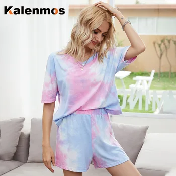 

KALENMOS Two Piece Sets Women Tie Dye Print Homewear Casual Tshirt Biker Shorts Sports Tracksuits Sleepwear Pajamas Lounge Wear