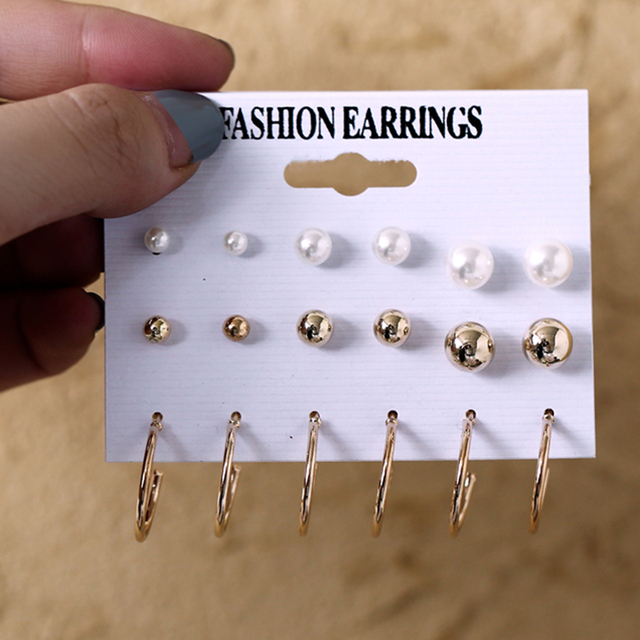 Geometric Gold Silver Color Cubic Zircon Crystal Stud Earrings Set For Women Fashion Pearl Earrings Gifts Jewelry