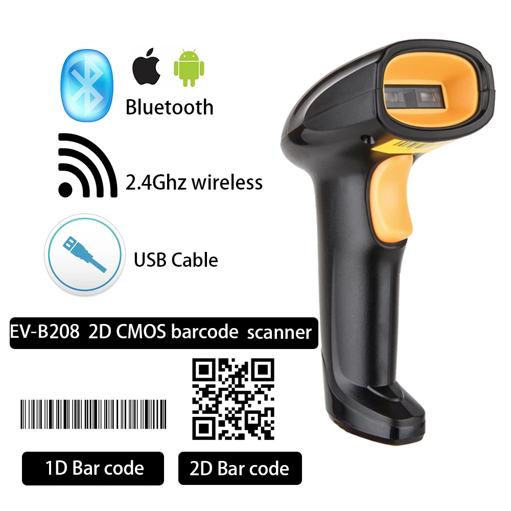 EVAWGIB EV-WJ08 Wireless 1D Barcode scanner EV-B208 Bluetooth 2D Barcode scanner QR Bar Code Reader PDF417 for IOS Android IPAD small car inspection equipment Code Readers & Scanning Tools