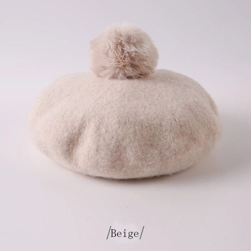 Children Pompoms Beret Hat Solid Color Octagonal Cap Girls Winter Wool Painter Hats For 1-3 Years Kids