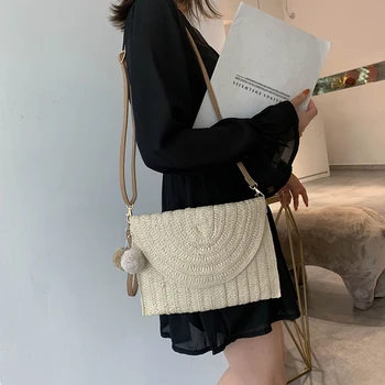 

Straw Shoulder Handbag Beach Messenger Satchel Bag Female Classic Women Pompom Weave Elegant Crossbody Shoulder Bag