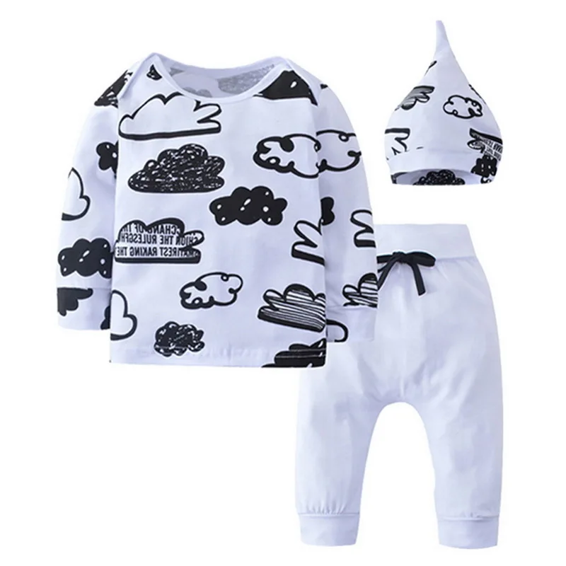 

Oeak Baby Girl Clothes Sets 2019 Autumn New Cute Baby Boy Cloud Doodle Shirt + Solid Color Pants + Hat three piece For 0-18M