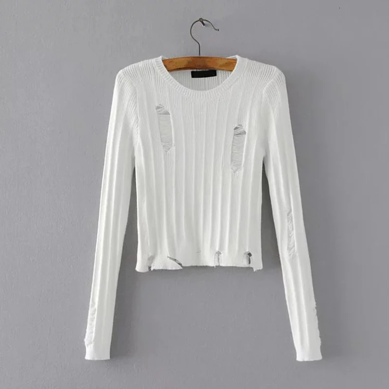 white TWOTWINSTYLE рваные короткие свитера женские с круглым вырезом и длинным рукавом полосатый асимметричный свитер женская модная одежда - Цвет: white