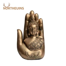 

NORTHEUINS Resin Palm Buddha Statues Chinese Style Figurines for Home Interior Desktop Decor Vintage Decorative Buddhas Figures