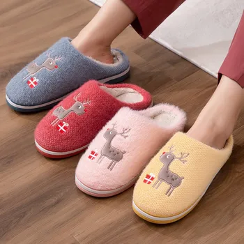 

Women Plush Slippers Winter Warm Shoes Soft Sole Flats Cartoon Elk Deer Male Female Couples Home Indoor Bedroom Ladies Slippers