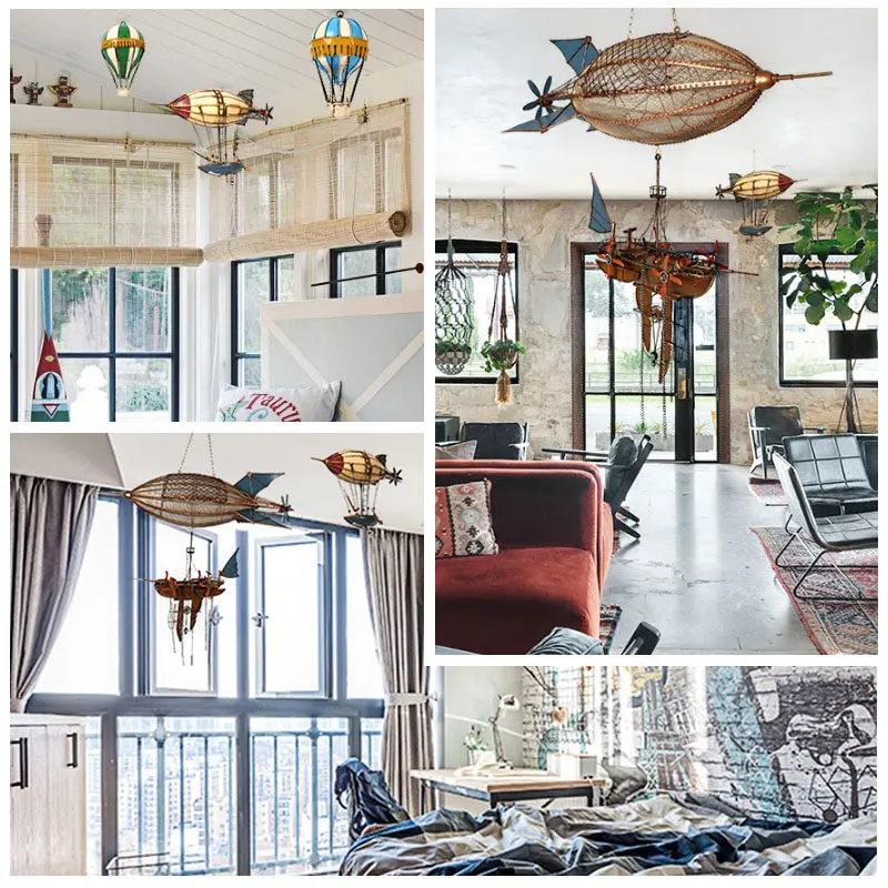 Retro Industrial Wind Wrought Iron Hot Air Balloon Airship Model Home Wall Decor Bar Restaurant Wall Hanging Accessories Crafts