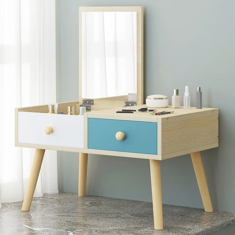 A Blue x White Креативный стол для макияжа с зеркалом и ящиком, мебель для спальни, современный комод, ручной работы, доска из твердой древесины, ножной туалетный столик - Цвет: A Blue x White