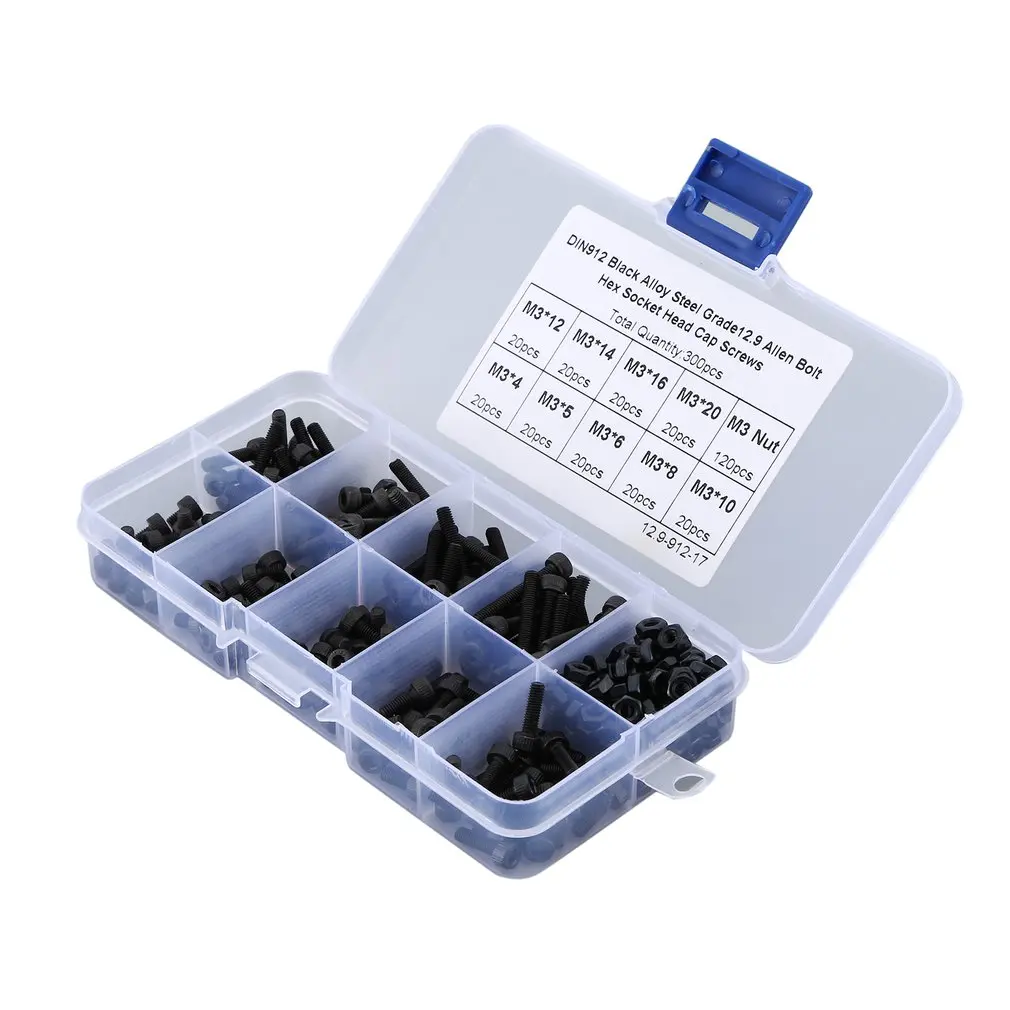 

300pcs M3 Black Alloy Steel Grade12.9 Allen Bolt Hex Socket Head Cap Screws Hexagon Screw And Nut Combination Set