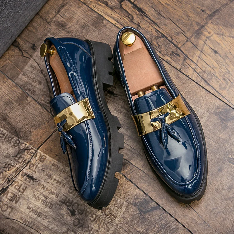 Increase 4cm Thick Bottom Leather Dress Shoes Men Luxury British Trend Men Formal Wedding Bussiness Leather Loafers Shoes Men - Цвет: Blue