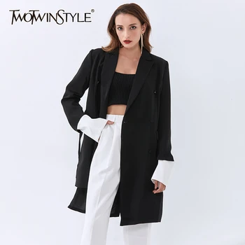 

TWOTWINSTYLE Casual Sashes Black Dress For Women Notched Long Sleeve High Waist Irregular Hem Dresses Female 2020 Fall Fashion