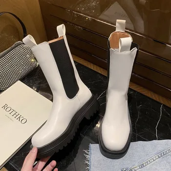 

2020 Winter Women Boots Chunky Platform Boots Fashion Women's Slip On Brand Round Toe High Top Shoes Woman Mid Calf Boots
