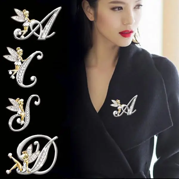 2020 New Metal Crystal English Letter Word Brooch Elf Angel Lapel Pina Suit Shirt Collar Pins Brooches for Women Accessories